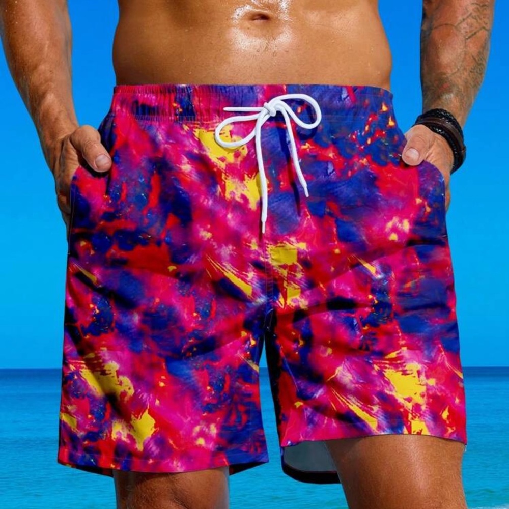 Swimmode Men's Tie-Dye Printed Drawstring Elastic Waist Loose Beach Shorts